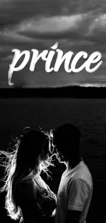 Black and white couple silhouette under a cloudy sky with text 'Prince'.