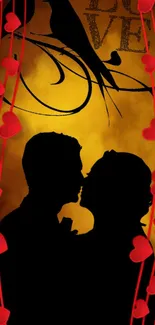 Romantic silhouette of a couple against a yellow and red heart background.