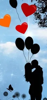 Romantic silhouette with balloons and hearts against a starry sky.