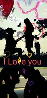 Romantic couple silhouette with hearts and flowers.