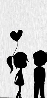 Silhouette of a couple with a heart balloon on a minimalist white background.