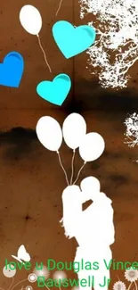 Silhouette of a couple with blue heart balloons on textured background.