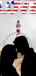 Couple silhouette with LOVE text and lighthouse backdrop.