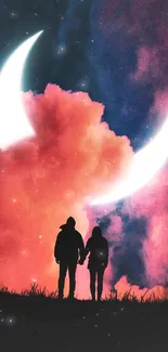 Silhouette of a couple under glowing crescent moons and vibrant clouds.