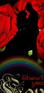 Couple silhouette with red roses and rainbow in wallpaper.