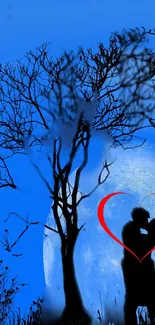 Romantic silhouette of a couple under moonlight with blue tones and heart symbol.