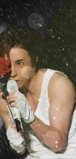 Romantic singer with a red rose in rainy scene.