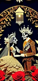 Day of the Dead-inspired skeleton couple in vibrant, intricate artistic design.