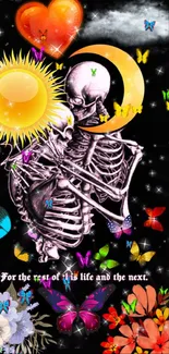 Romantic skeleton art with sun, moon, butterflies, and flowers.