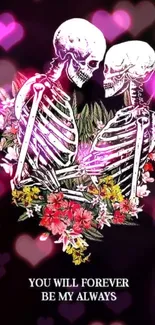 Romantic skeletons surrounded by flowers on black background.