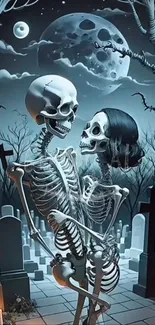 Romantic skeletons embrace in moonlit graveyard.