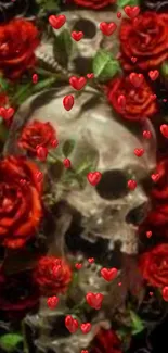 Skull with red roses and hearts wallpaper for phones.