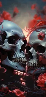 Dark romantic skulls with red roses wallpaper.