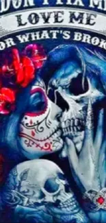 Romantic skull art with blue background and red roses.