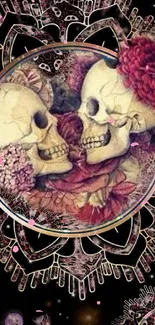 Romantic skull art wallpaper with intricate designs and vibrant colors.