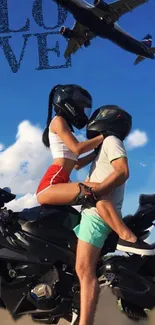 Couple on motorcycle under blue sky with a plane above.