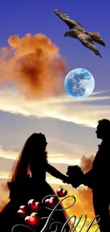 Silhouette of a couple at sunset with an eagle and moon in the sky.