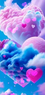 Romantic clouds shaped as hearts in blue and pink hues.