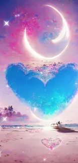 Celestial blue heart under crescent moon with pink and purple sky.