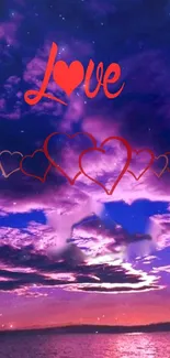 Romantic sunset sky with red love hearts mobile wallpaper.