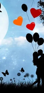 Silhouette of couple with balloons under moonlit sky.