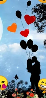 Silhouette couple under a starry sky with heart balloons and emojis.