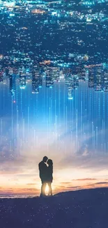 Silhouetted couple under illuminated city skyline at sunset.