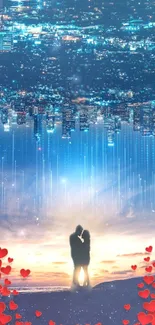 Surreal cityscape with romantic couple silhouette and hearts.