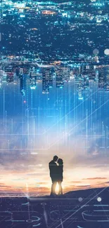 Silhouetted couple under city skyline with blue sky