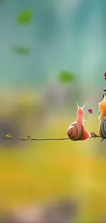 Romantic snail couple art wallpaper with a vibrant nature backdrop.