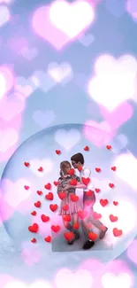 Romantic couple in snow globe with hearts on blue background.