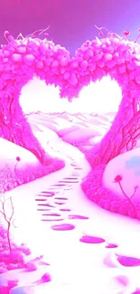 Heart-shaped arch in pink snow landscape with blue sky