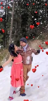 Romantic couple enjoying snowfall surrounded by hearts in a forest.