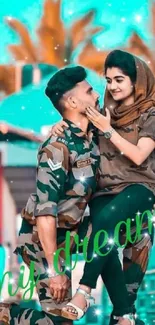 Romantic moment with a soldier kneeling before his partner against a colorful backdrop.