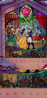 Stained glass fairy tale scene with vibrant colors and romantic theme.