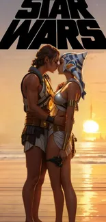 Star Wars characters in a romantic sunset beach scene.