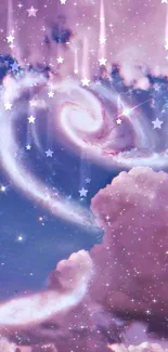 Heart-shaped cloud with starry purple sky and pink hues.