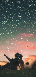 Silhouetted couple under a starry sky with a guitar at sunset.