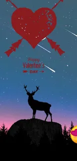 Valentine's Day wallpaper with red heart and deer silhouette under a starry sky.