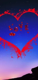 Red heart with stars on blue and purple sky wallpaper.