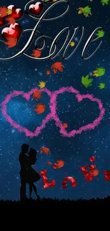 Romantic wallpaper with stars, hearts, and a couple in silhouette.