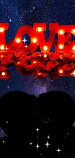 Romantic neon 'Love' lights with starry sky backdrop.