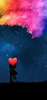 Romantic silhouette under a colorful night sky with a heart-shaped symbol.