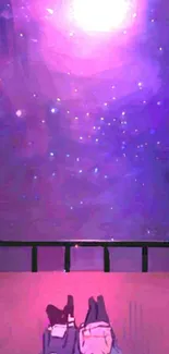 Couple under a vibrant, starry night sky with purple cosmic hues.