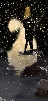 Silhouette couple embracing on rocks with starry night backdrop.