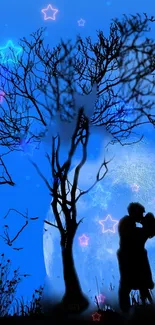 Wallpaper of a couple kissing under stars and moon.