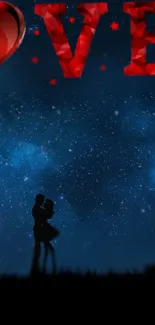 Romantic silhouette under starry night with love text.