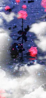 Pink roses floating under starry night clouds.