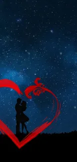 Romantic couple silhouette under a vibrant starry night sky with a heart design.