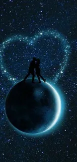 Silhouette couple on a planet with heart-shaped stars in a galaxy.